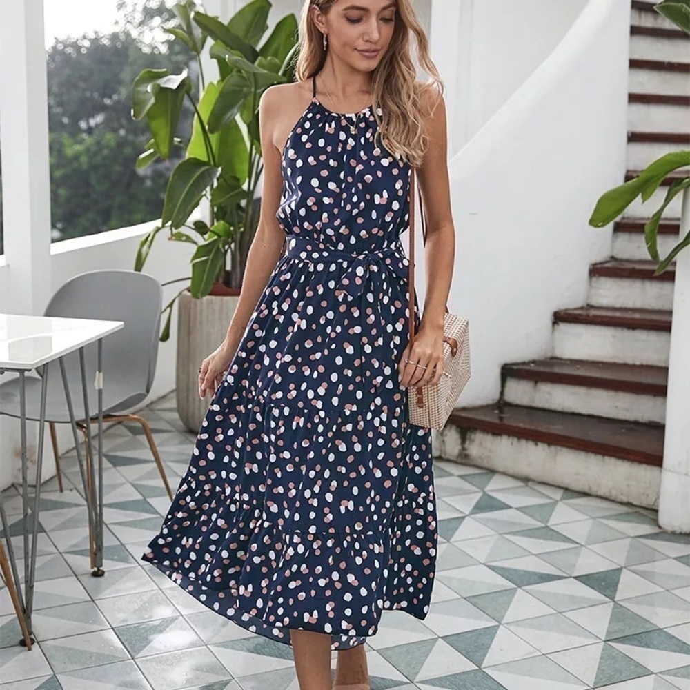 Summer Polka-Dot Long Dress Beach Strapless Casual White Midi Vacation blue - Picture 6 of 7